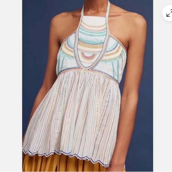 Anthropologie Embroidered Halter Top Boho Chic Festival Summer Blouse Size 6 - Picture 1 of 16